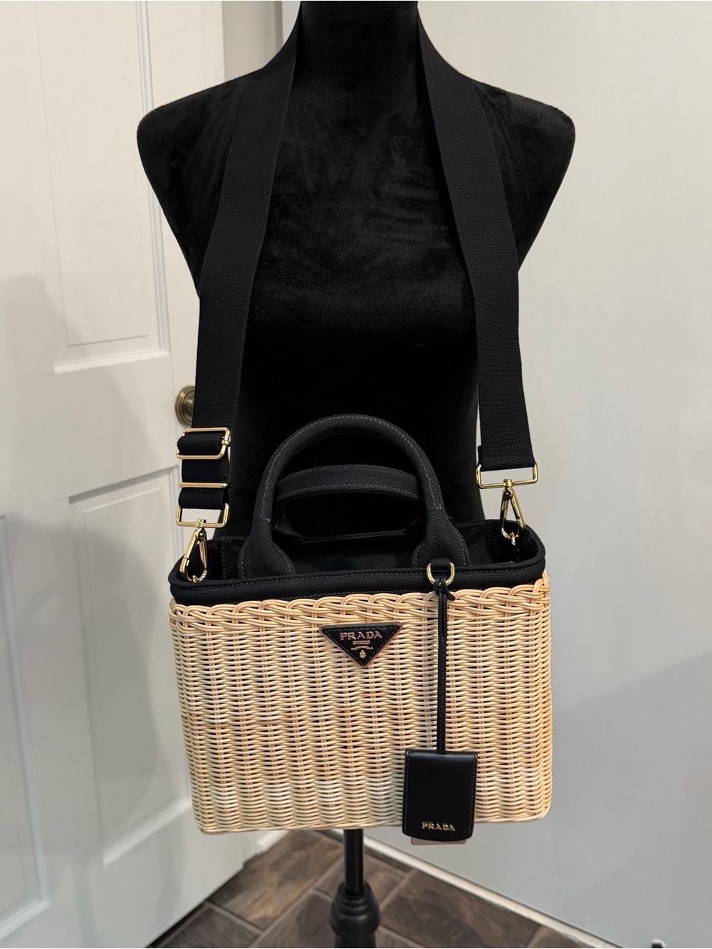 Prada Beige Wicker Tote with Black Leather Trim and Strap - Picture 11 of 13